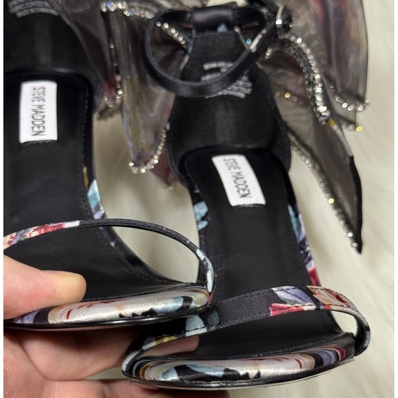 NEW Steve Madden Women Size 8 M Black Embellished Bow Floral Benni Heel Sandals - Picture 7 of 12